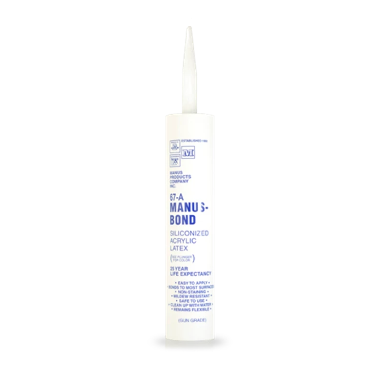 Manus-Bond 67-A can be applied on various surfaces like brick and glass, illustrating its effectiveness in joint and crack filling, non-discoloring, and mildew resistance.