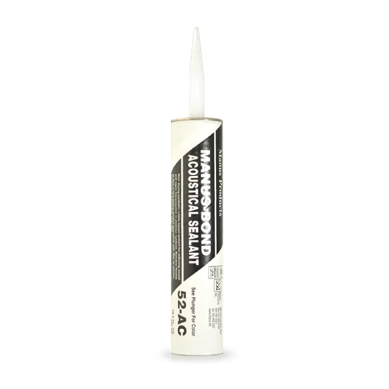Manus-Bond 52AC sealant can be applied in partition systems, highlighting its sound and vapor transmission reduction capabilities, flexibility, and CAN/CGSB and USDA compliance.