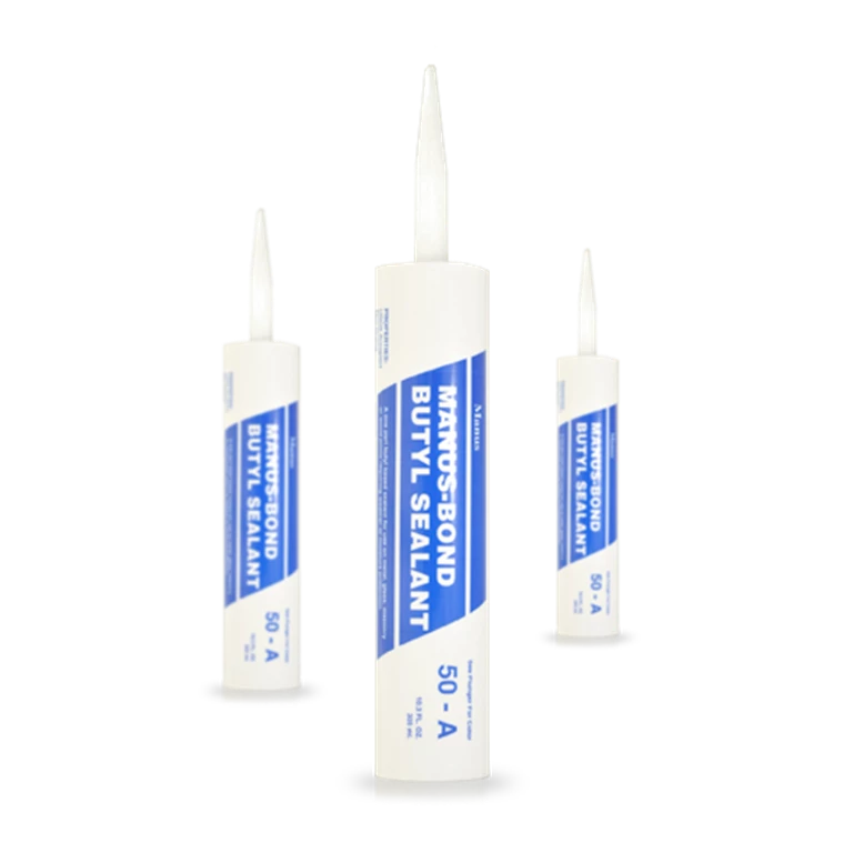 Manus-Bond 50A-HV sealant's application on various construction materials highlights sound and vapor transmission reduction, and adherence to ASTM, AAMA, and Federal specifications.