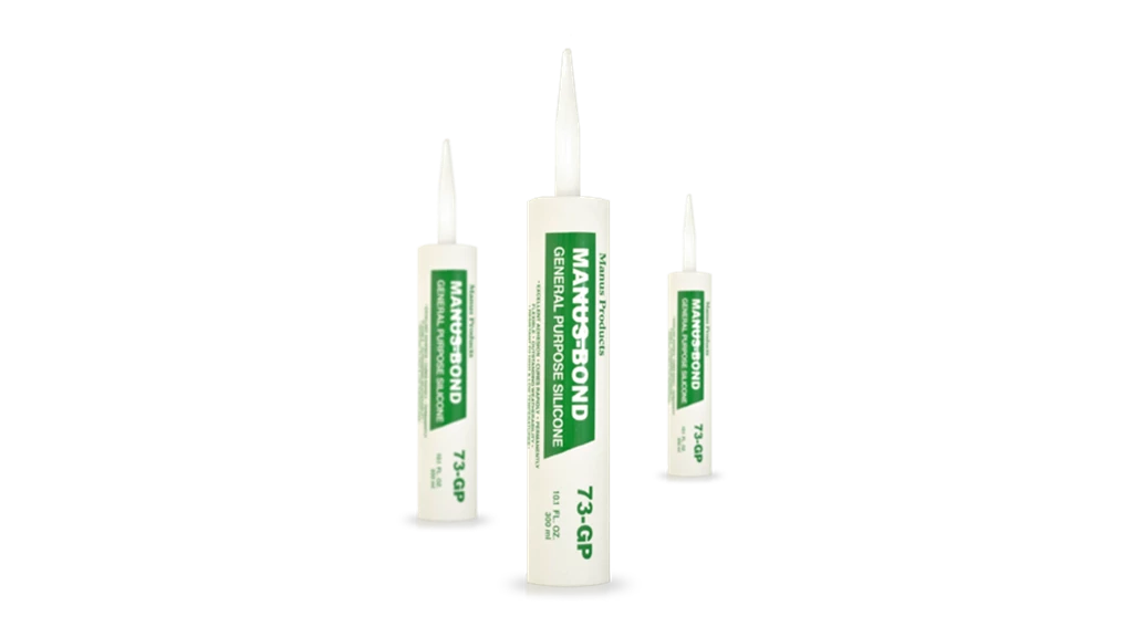 Application of Manus-Bond 73GP on building materials like glass and steel highlights non-sag, weather, and temperature resistance, and mildew resistance.
