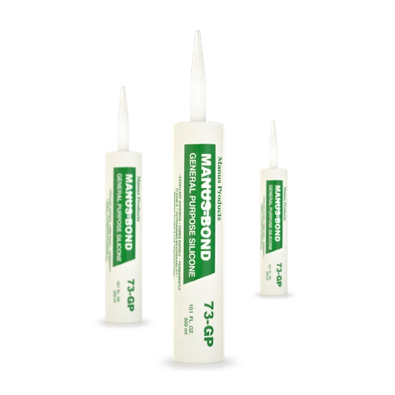 Application of Manus-Bond 73GP on building materials like glass and steel highlights non-sag, weather, and temperature resistance, and mildew resistance.