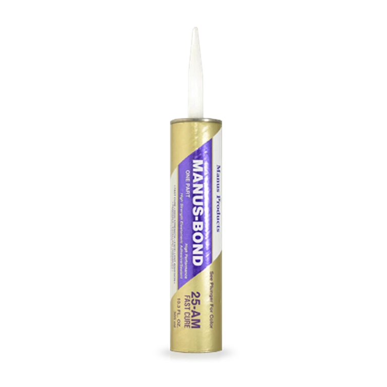 Manus-Bond 25-AM adhesive/sealant applied on materials like steel and wood showcases its strength, weather resistance, and paint compatibility.