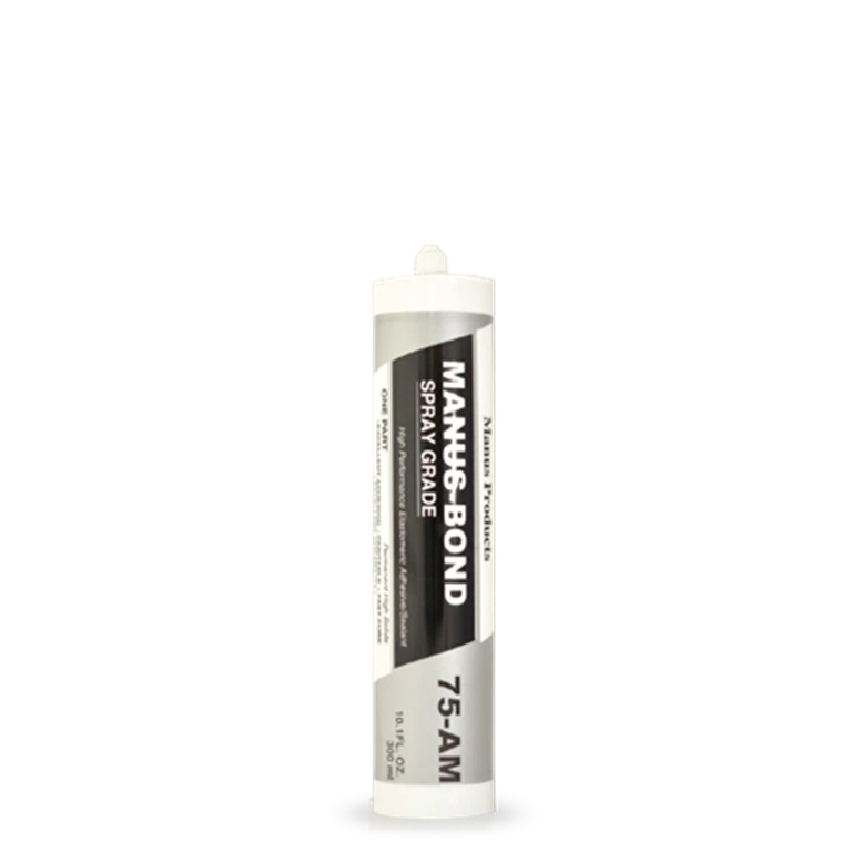 Manus-Bond 75-AM Spray Grade can be applied to various materials, demonstrating its durability, flexibility, and weather-resistant properties.