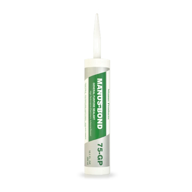 Single container of Manus-Bond 75GP Sealant/Adhesive, highlighting its suitability for various substrates and eco-friendly properties.