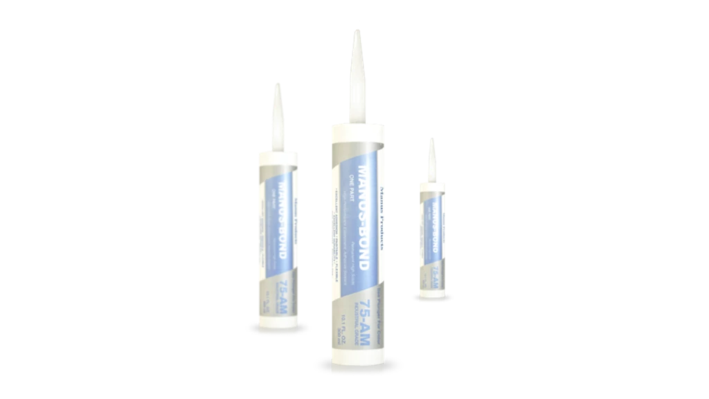 Manus-Bond 75-AM Industrial Grade in use on surfaces like marble and glass showcases fast curing, weather resistance, and multi-surface adhesion.