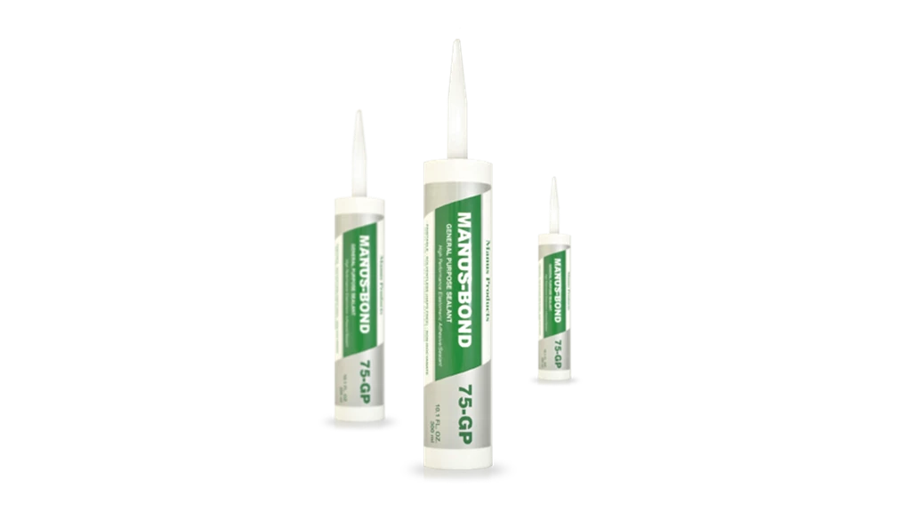 Three containers of Manus-Bond 75GP Sealant/Adhesive, showcasing its versatility for a range of substrates and eco-friendly formulation.